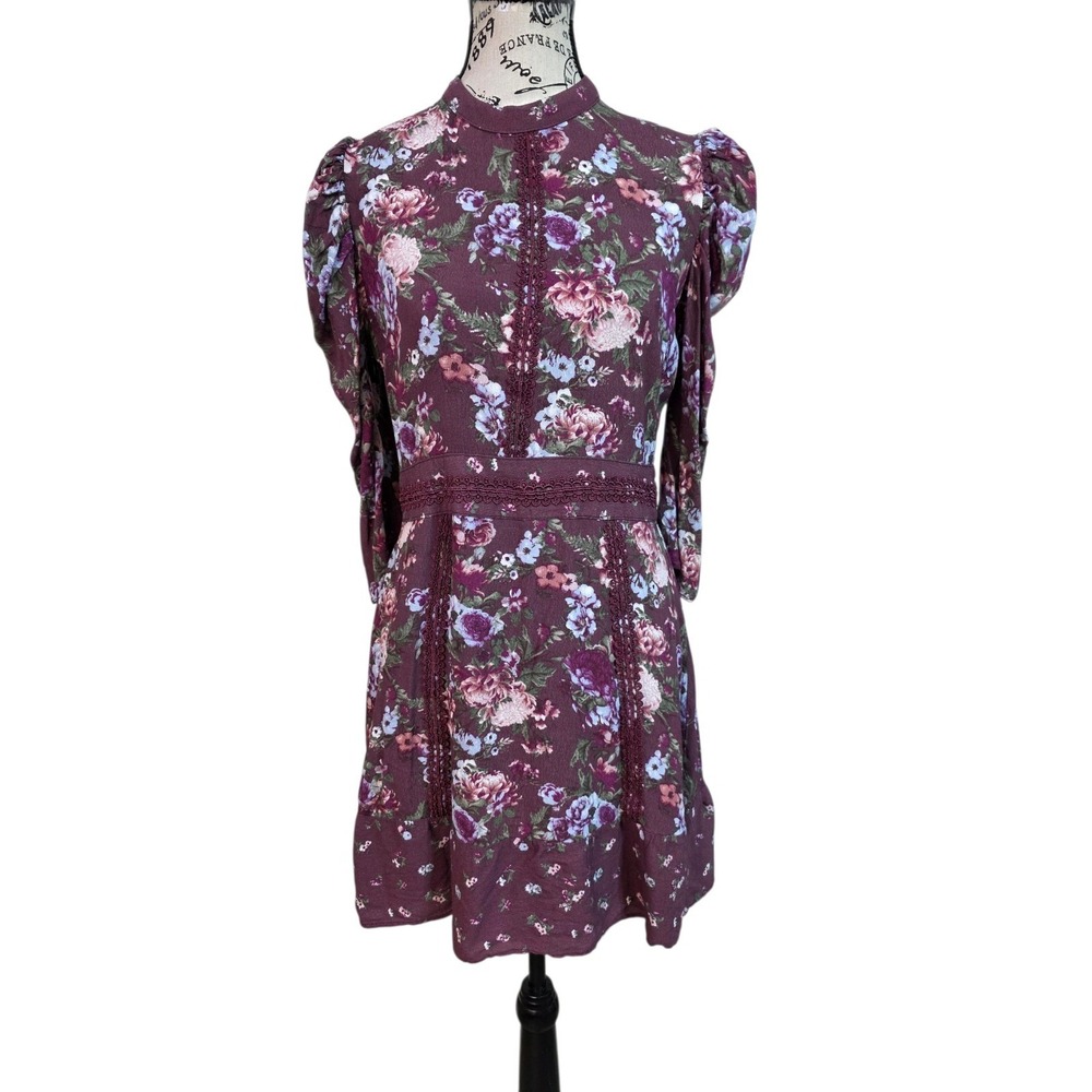 Coco + Jaimeson Floral‎ Mock Neck Mini Dress M Plum Whimsigoth Boho Puff Sleeve